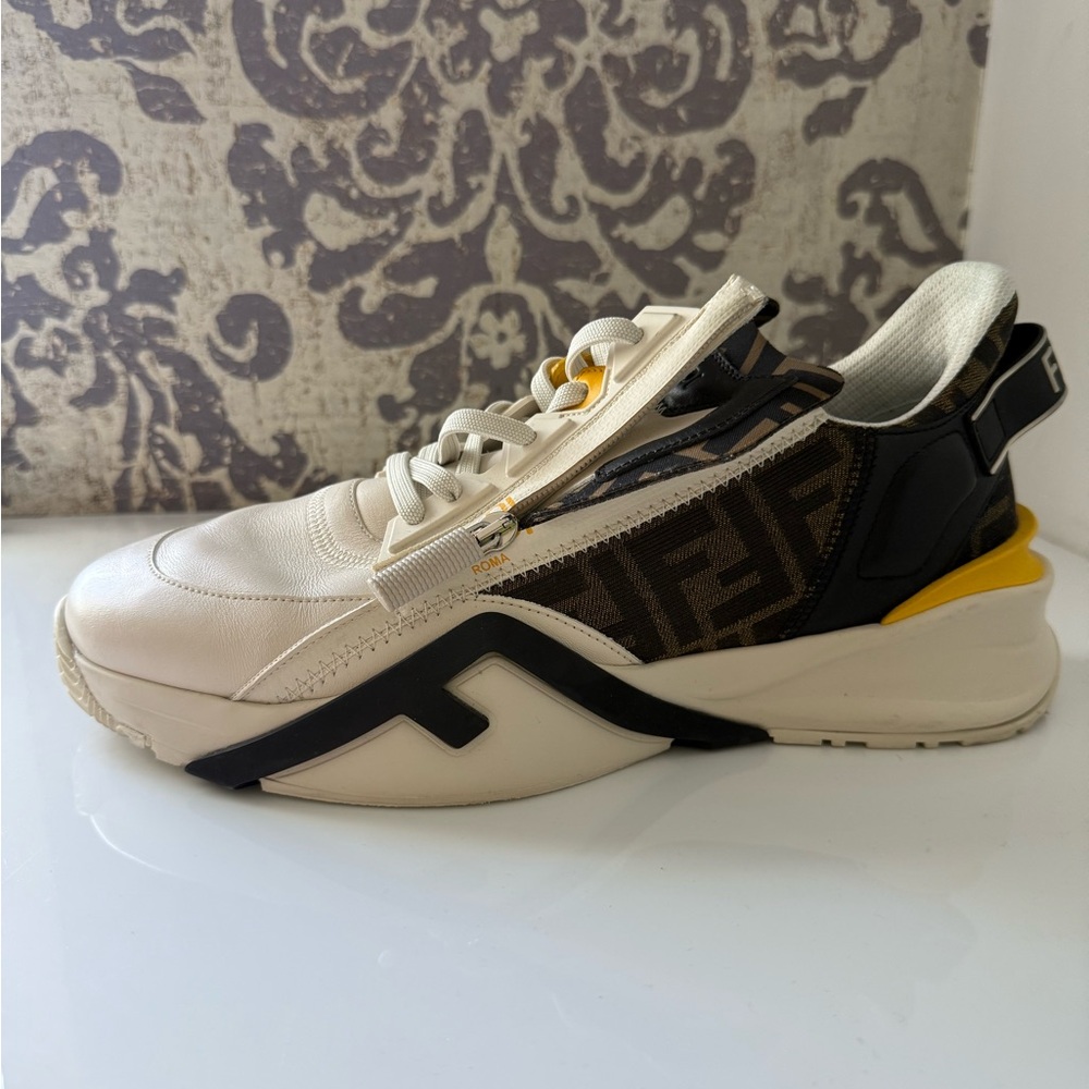 Men’s Fendi FF Flow Beige and Black Sneakers with Yellow Detail